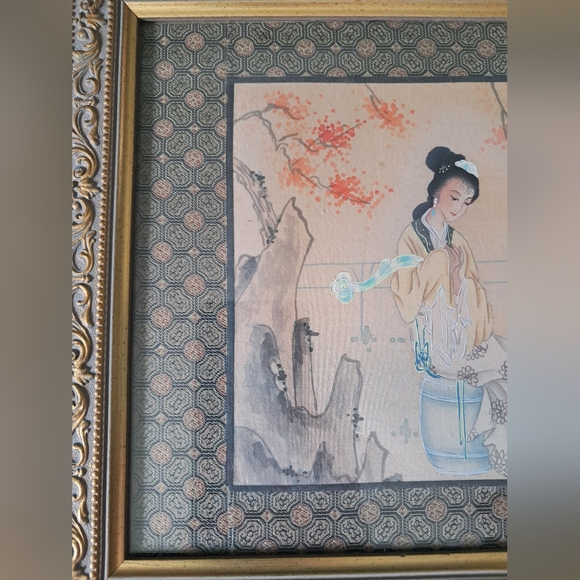 Antique Original Chinese Iridescent Hand Painted Geisha Art Piece on Silk #2 - Picture 3 of 11
